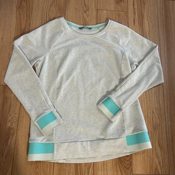 💠 The North Face Pullover Women's L Stretch Logo Casual Elastic Blue Beige EUC - Picture 1 of 4